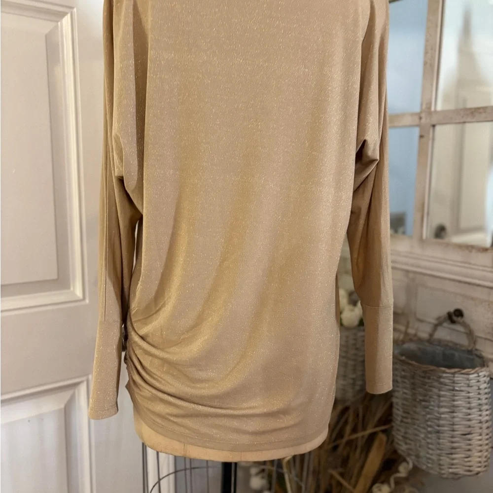 Michael Kors Gold Metallic Festive Lustrous Gleaming Blouse side Ruching Size XL